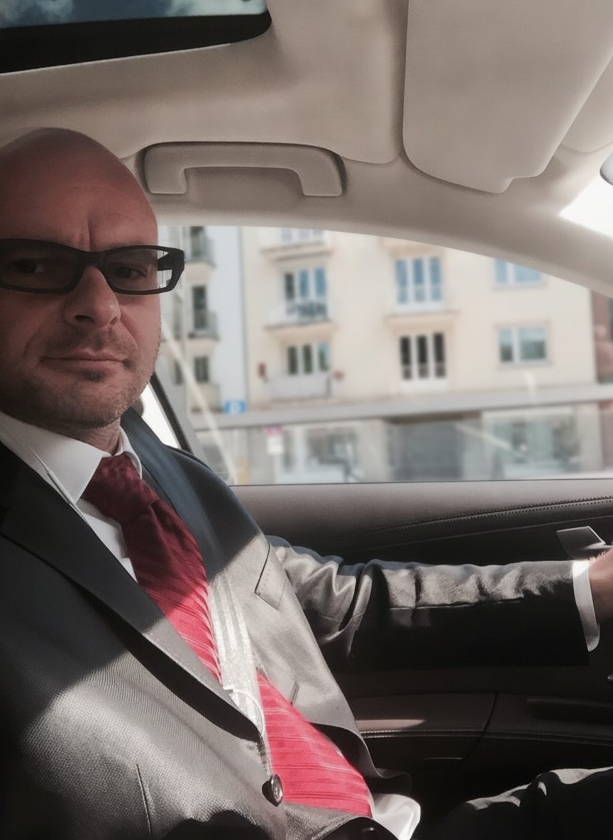Kristof Gryla am Steuer – Anzug und rote Krawatte, G&K Fahr- und Chauffeurservice